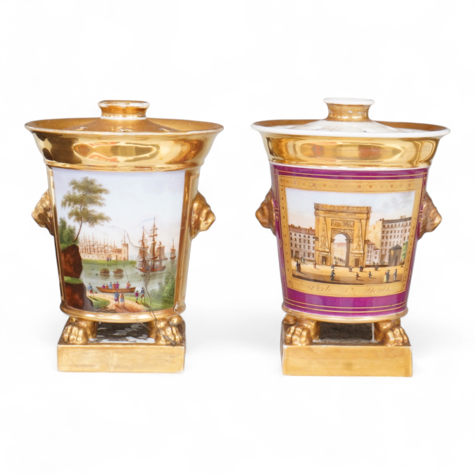 Two early 19th century Paris porcelain pastel burners and covers, decorated with continental landscapes, 15cm high